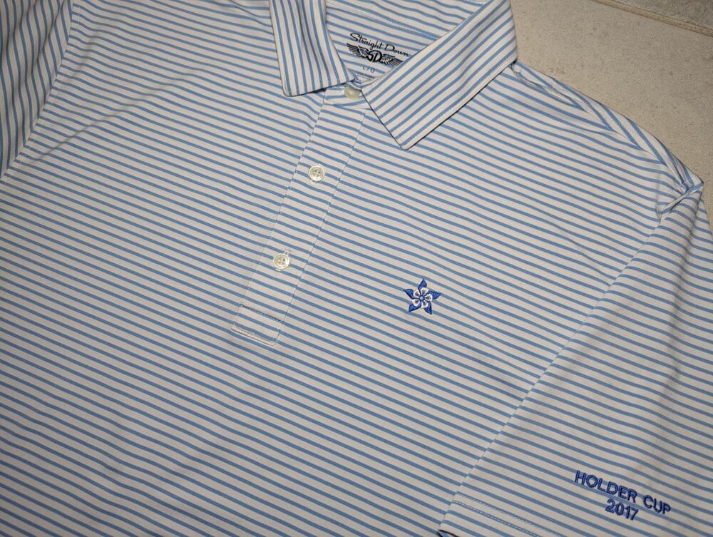 Straight Down Men's Large Performance Golf Polo Shirt Holder Cup Striped Blue